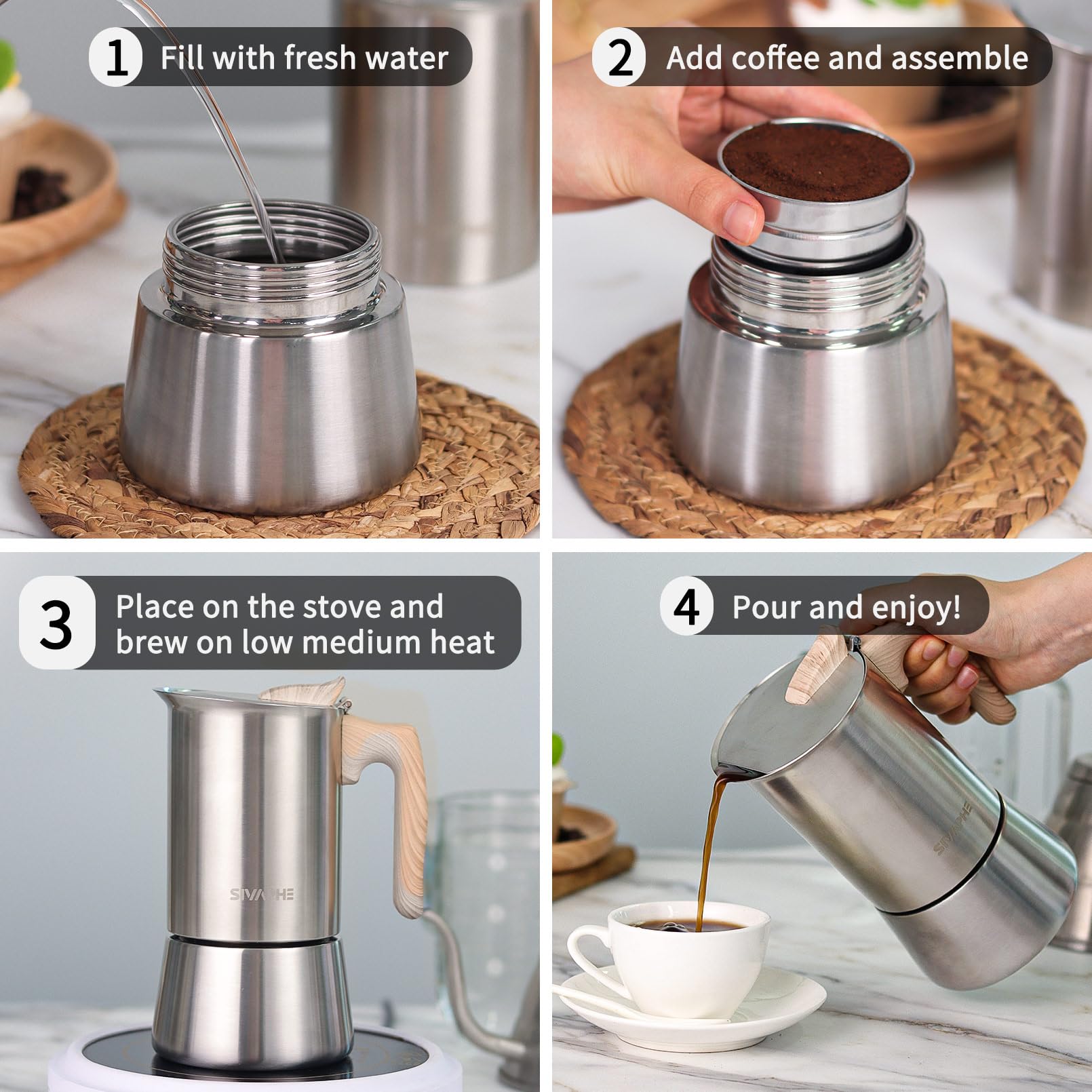 Sivaphe Stovetop Espresso Maker 450ml, Induction Hob Italian Coffee Percolator Maker Moka Pot Stainless Steel 9 Italian Cups 2-3 Mug for Home Camping